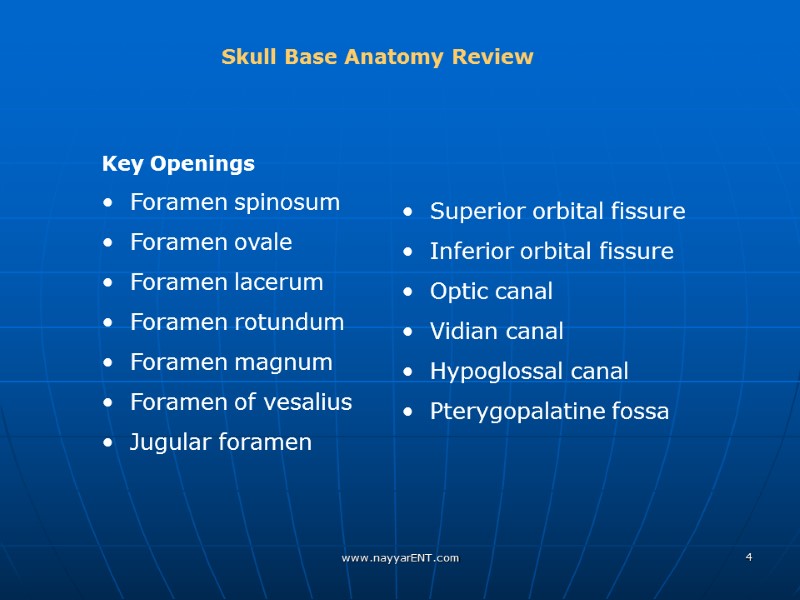 Skull Base Anatomy Review Key Openings   Foramen spinosum   Foramen ovale